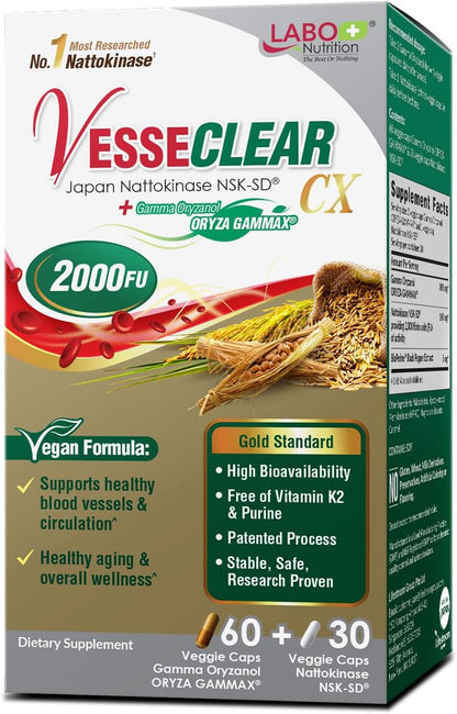 LABO Nutrition VesseCLEAR CX Nattokinase NSK-SD with Gamma Oryzanol – 90 Vegan DRcaps (45-Day Supply, 3-Pack)