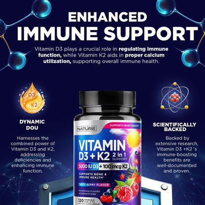 Vitamin D3 K2 Chewable, 5000 IU & K2 MK-7 100 mcg, 120 Tablets | 2-in-1 Supplement for Immune, Heart & Bone Support, Non-GM, Berry Flavour