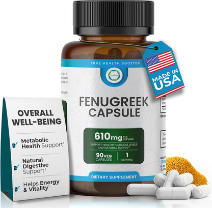 TRUEMED Organic Fenugreek Capsules 610 mg – Digestive Comfort, Natural Energy and Wellness Support (90 Capsules)