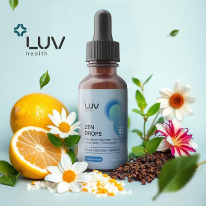 LUV Zen Drops: Food Supplement with Magnesium Glycinate, Vitamin D3, Lemon Balm, Chamomile, Saffron, L-Theanine – Vegan, Non-GMO, 30 Servings
