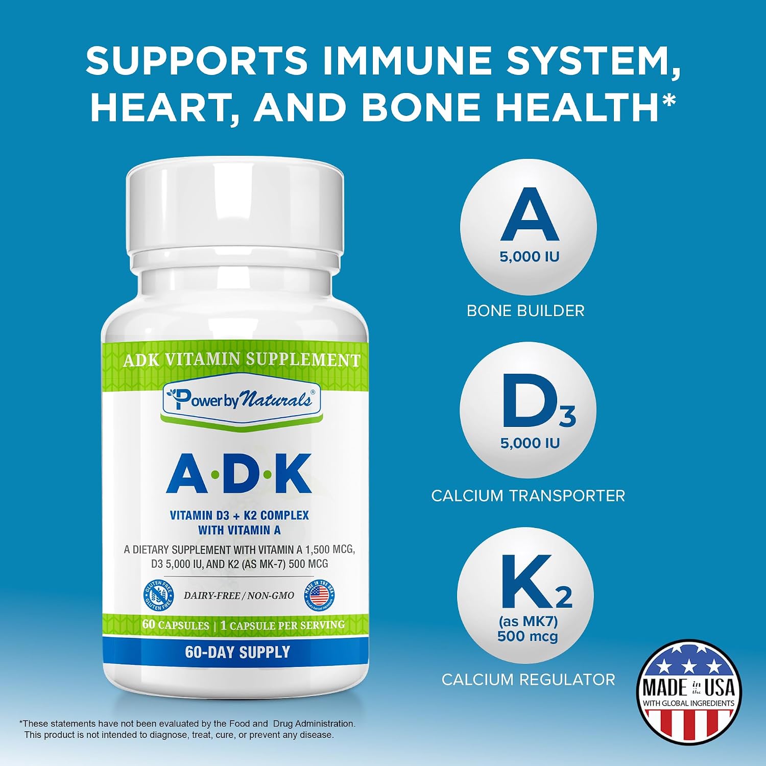 Power By Naturals ADK Vitamin Supplement - Vitamins A, D3, K2 MK-7 - 60 Capsules - görsel 7