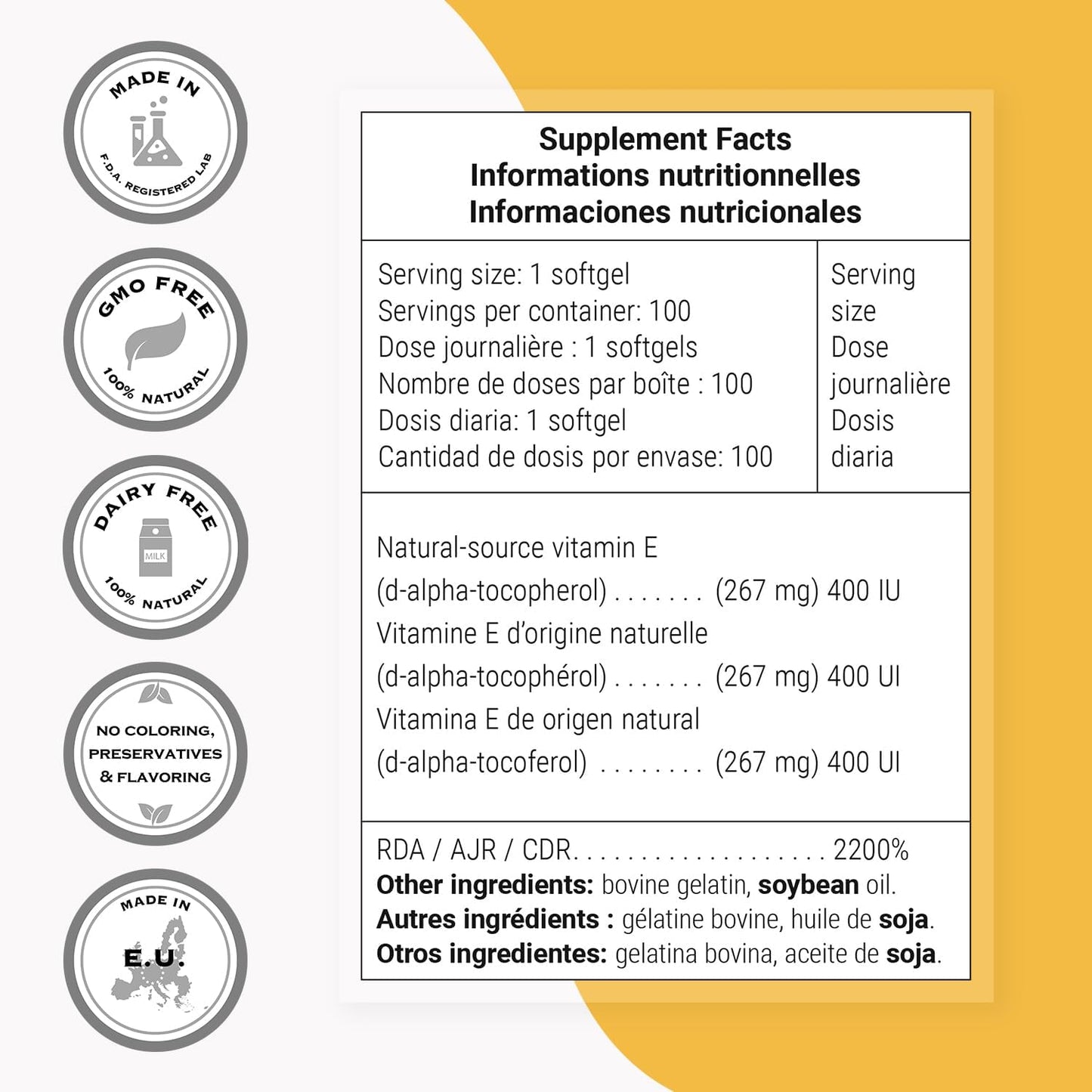 Supersmart Natural E 400 (D-Alpha Tocopherol) 1200IU per Day - High Absorption Vitamin E Supplement | Non-GMO - 100 Softgels - görsel 4