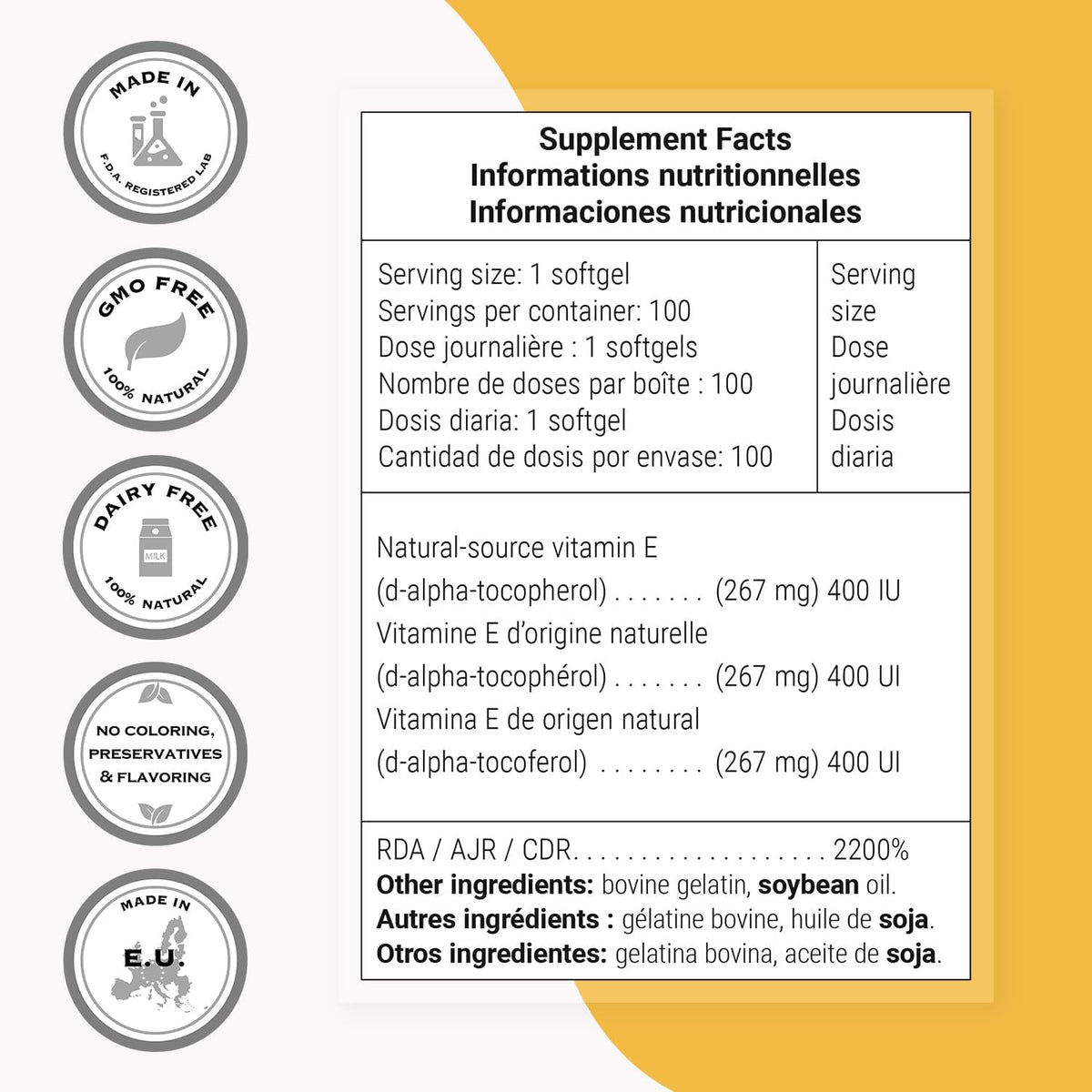 Supersmart Natural E 400 (D-Alpha Tocopherol) 1200IU per Day - High Absorption Vitamin E Supplement | Non-GMO - 100 Softgels - görsel 4