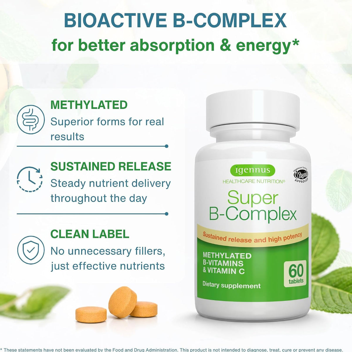 Igennus High Absorption Super B-Complex - Methylated & Active B Vitamins, Sustained Release, 60 Tablets - görsel 2
