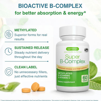 Igennus High Absorption Super B-Complex - Methylated & Active B Vitamins, Sustained Release, 60 Tablets
