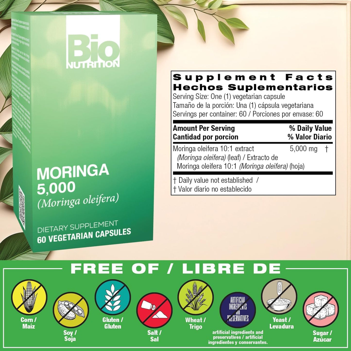 Bio Nutrition Moringa 5000mg 60 Vegetarian Capsules - Complete Green Superfood - görsel 2