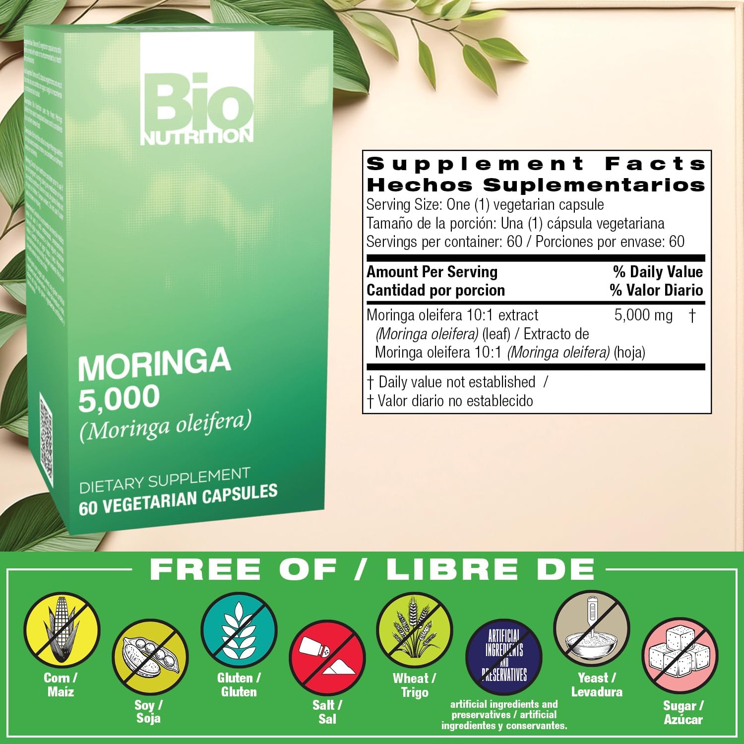 Bio Nutrition Moringa 5000mg 60 Vegetarian Capsules - Complete Green Superfood - görsel 2
