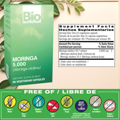 Bio Nutrition Moringa 5000mg 60 Vegetarian Capsules - Complete Green Superfood