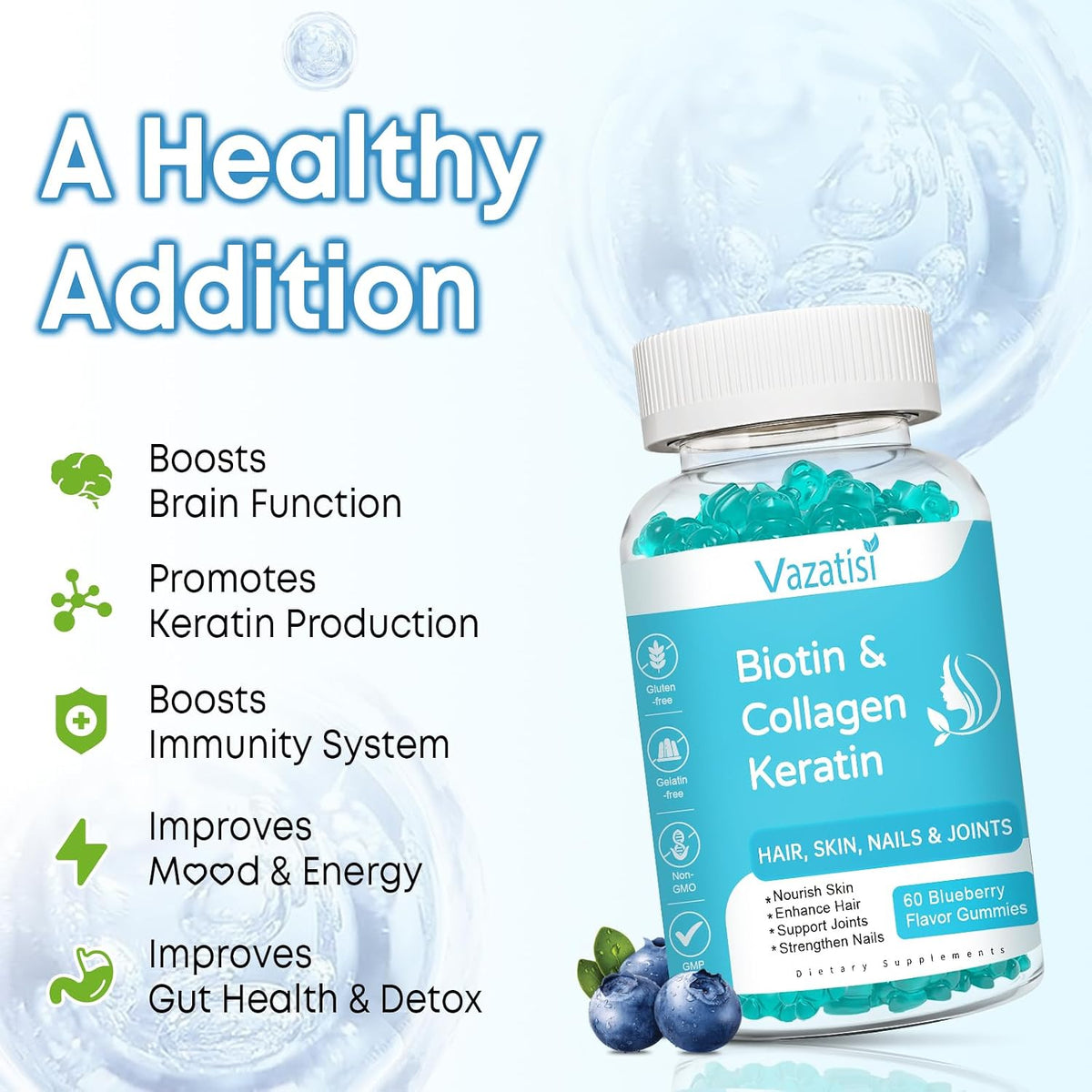 Vazatisi Biotin Gummies with Collagen & Keratin for Hair, Skin & Nails – 2 Pack (120 Blueberry Gummies) - görsel 5