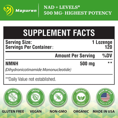 Mapurwn NMNH (Dihydronicotinamide Mononucleotide) - 500mg NAD+ Food Supplement, 120 Lozenges