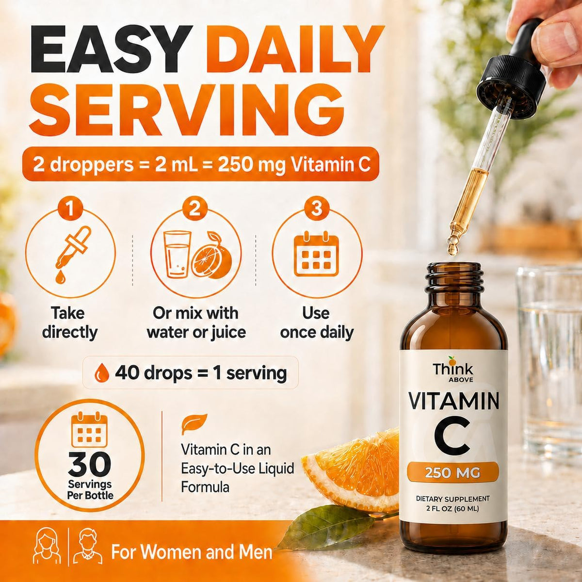 Think Above Liquid Vitamin C Drops - 250 mg L-Ascorbic Acid per Serving, 60 ml (30 Servings) - görsel 4