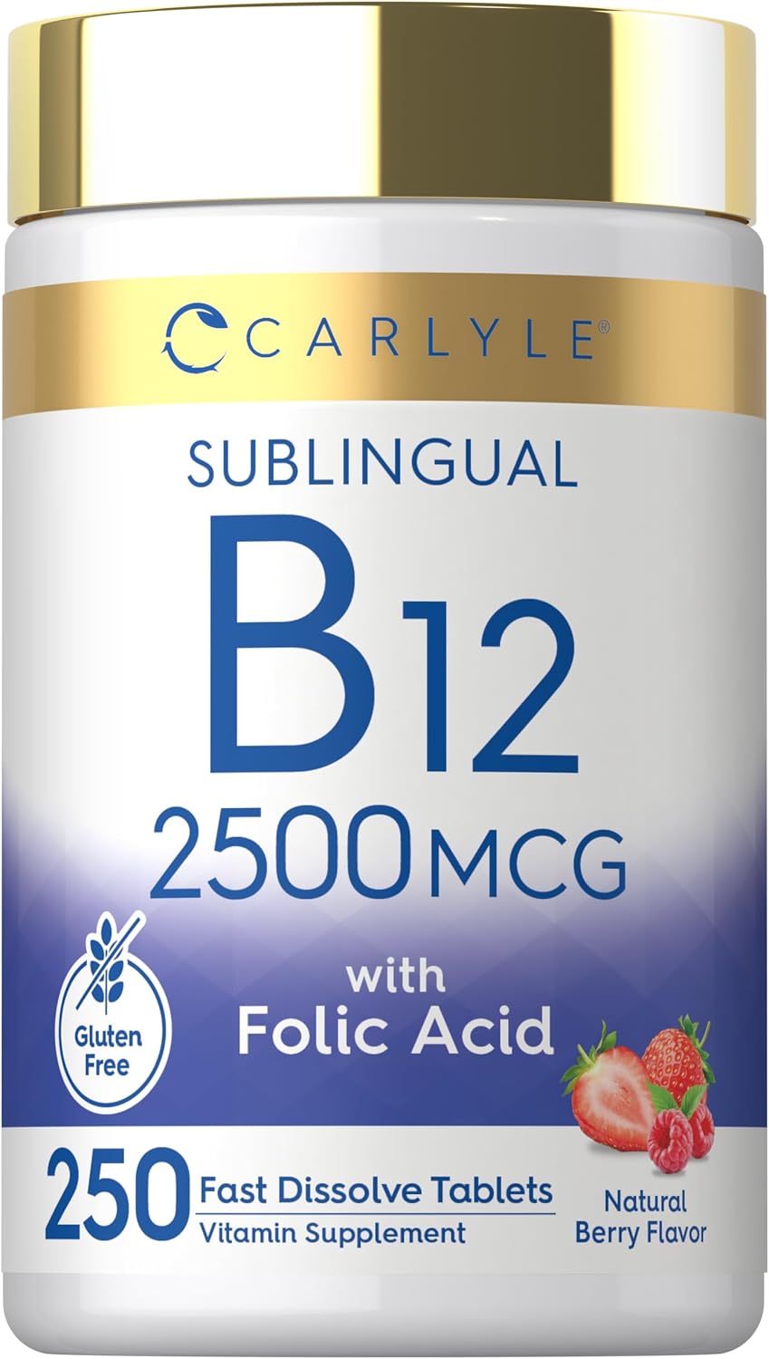 Carlyle Vitamin B12 Sublingual 2500mcg - 250 Fast-Dissolve Tablets - Cyanocobalamin with Folic Acid, Natural Berry Flavour - görsel 1