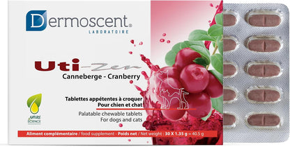 Dermoscent UTI-Zen Cranberry Tablets for Dogs and Cats Food Supplement for Bladder, Kidney & Urinary Tract Health Chicken Flavour - 30 Tablets