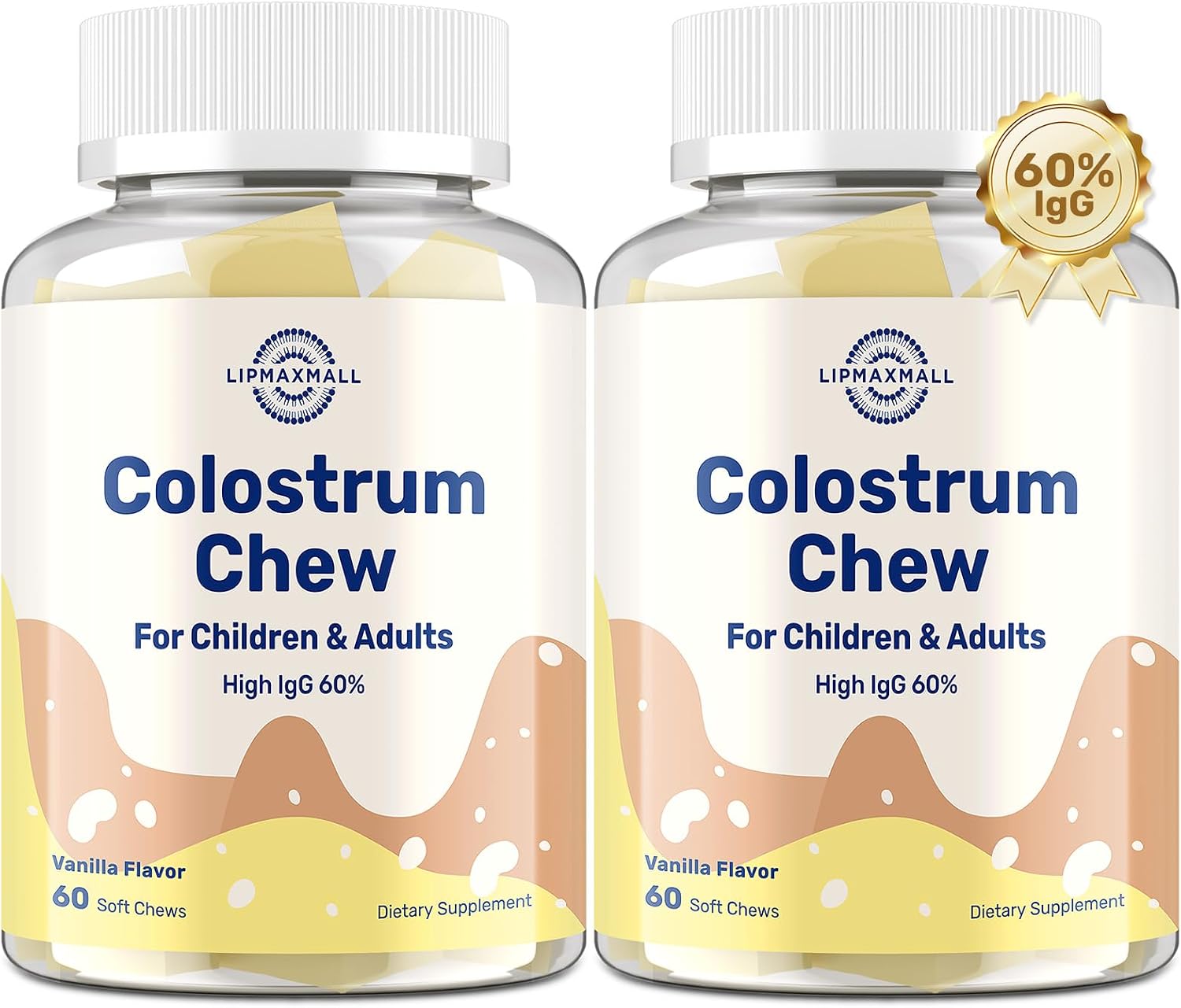 Lipmaxmall Bovine Colostrum Supplement - 60% IgG Immune Support - Grass-Fed Vanilla Soft Chews (2-Pack, 60 Chews) - görsel 1