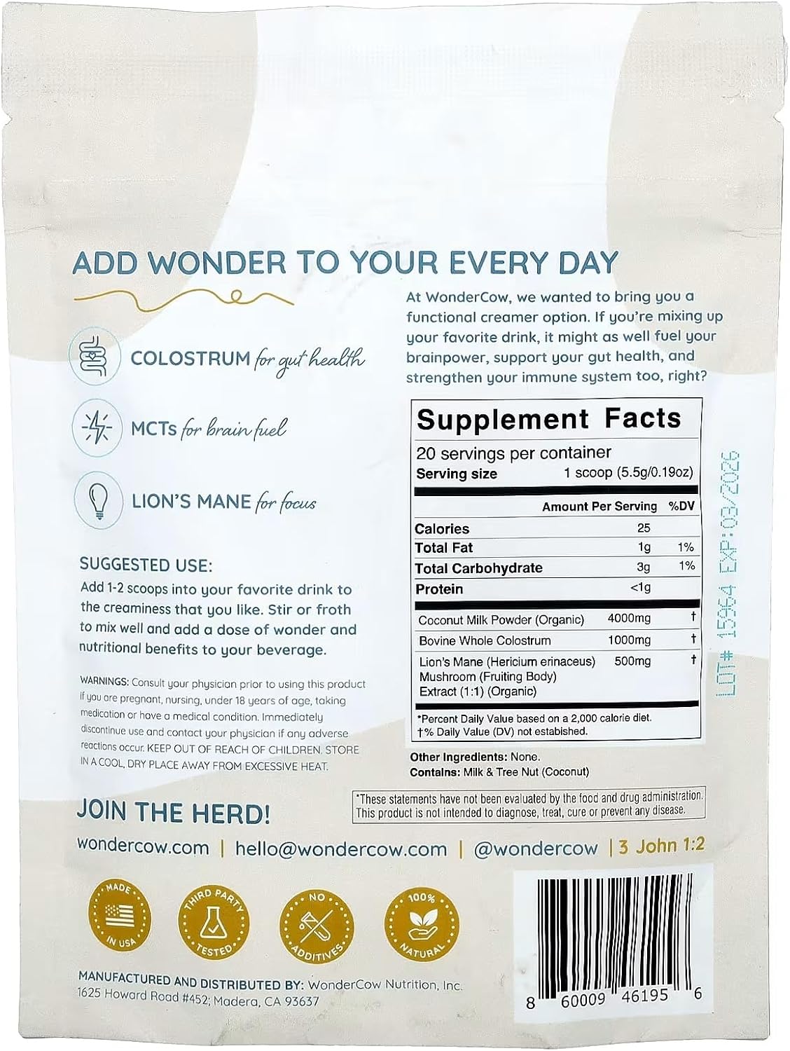 WONDERCOW Bovine Colostrum Superfood Creamer – Organic Lion's Mane & Coconut Milk Powder MCTs – Unsweetened, Keto Friendly - görsel 8