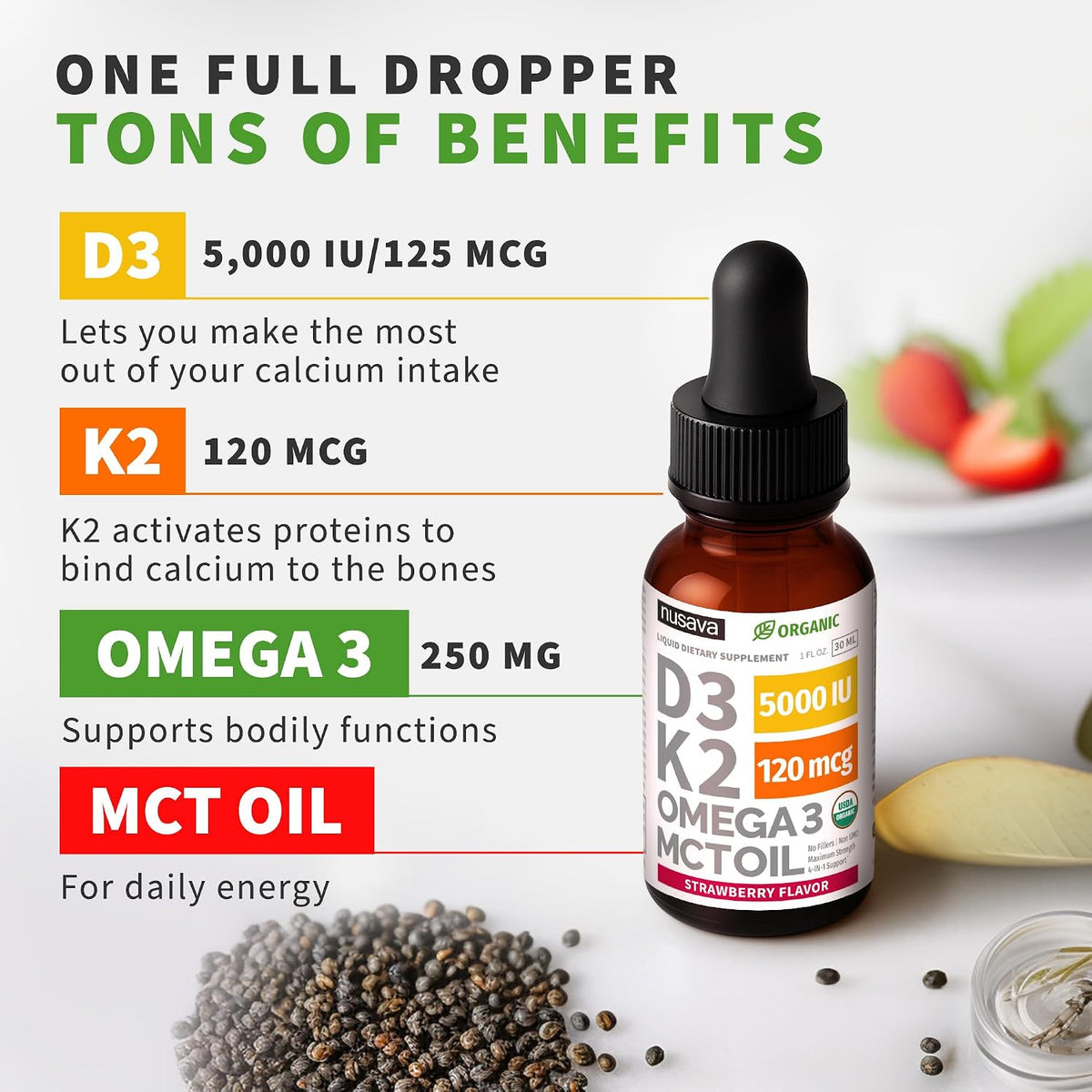 NUSAVA Organic Vitamin D3 K2 Drops with Omega-3 & MCT Oil - 5000 IU D3 + 120 mcg K2 MK-7 - Liquid Supplement for Women & Men - Non-GM, No Fillers - Strawberry Flavour, 4 fl oz (4 Pack) - görsel 3