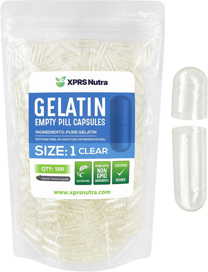 XPRS Nutra Size 1 Empty Capsules - 500 Count Clear Gelatine Capsules for DIY Supplement Filling