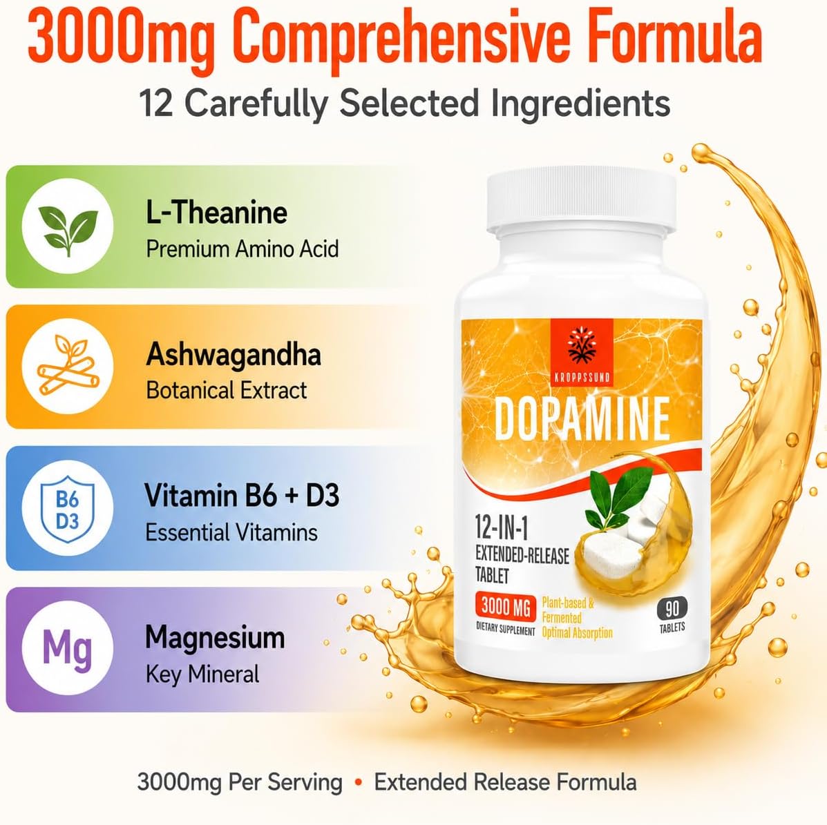 Kroppssund Dopamine Supplement with L-Theanine & Ashwagandha, 12-in-1 Extended Release Formula, 3000mg Per Serving, 90 Tablets (2 Bottles) - görsel 3