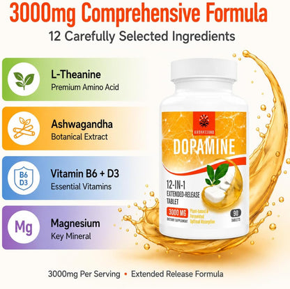 Kroppssund Dopamine Supplement with L-Theanine & Ashwagandha – 12-in-1 Prolonged Release Formula (90 Tablets)