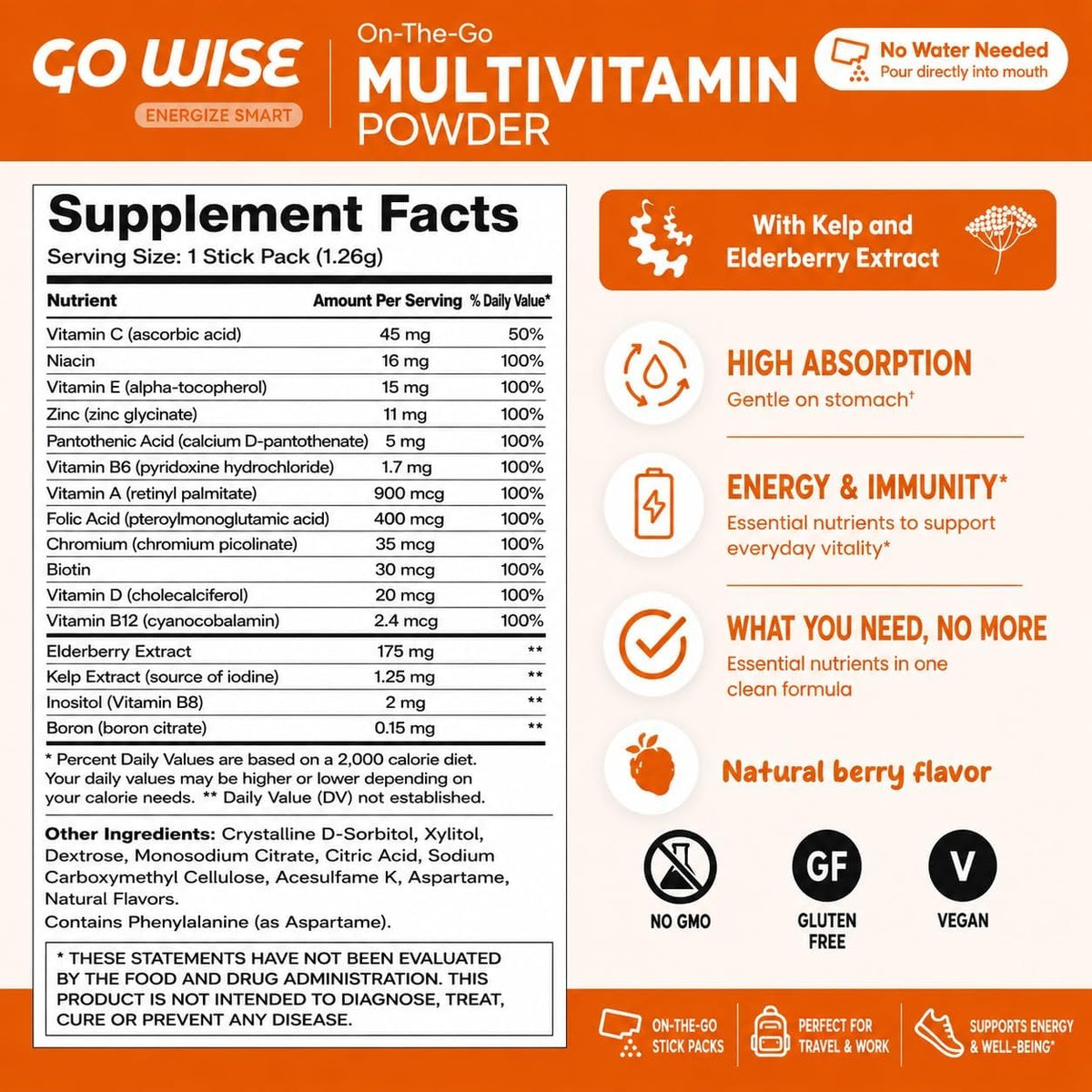 Go Wise Multivitamin Powder for Women and Men – No Water, No Pills | Vitamin B Complex, Vitamin D3, Zinc & Elderberry | Bariatric Multivitamin | Vegan Immune and Energy Support | Natural Berry - görsel 5
