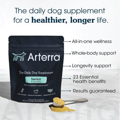 Arterra Pet Science Senior Dog Powder Supplement & Food Topper – 63 Ingredients for Joint, Gut, Immune & Brain Health – Daily Longevity Multivitamin with Glucosamine, Probiotics, and Fish Oil | 120 Scoops
