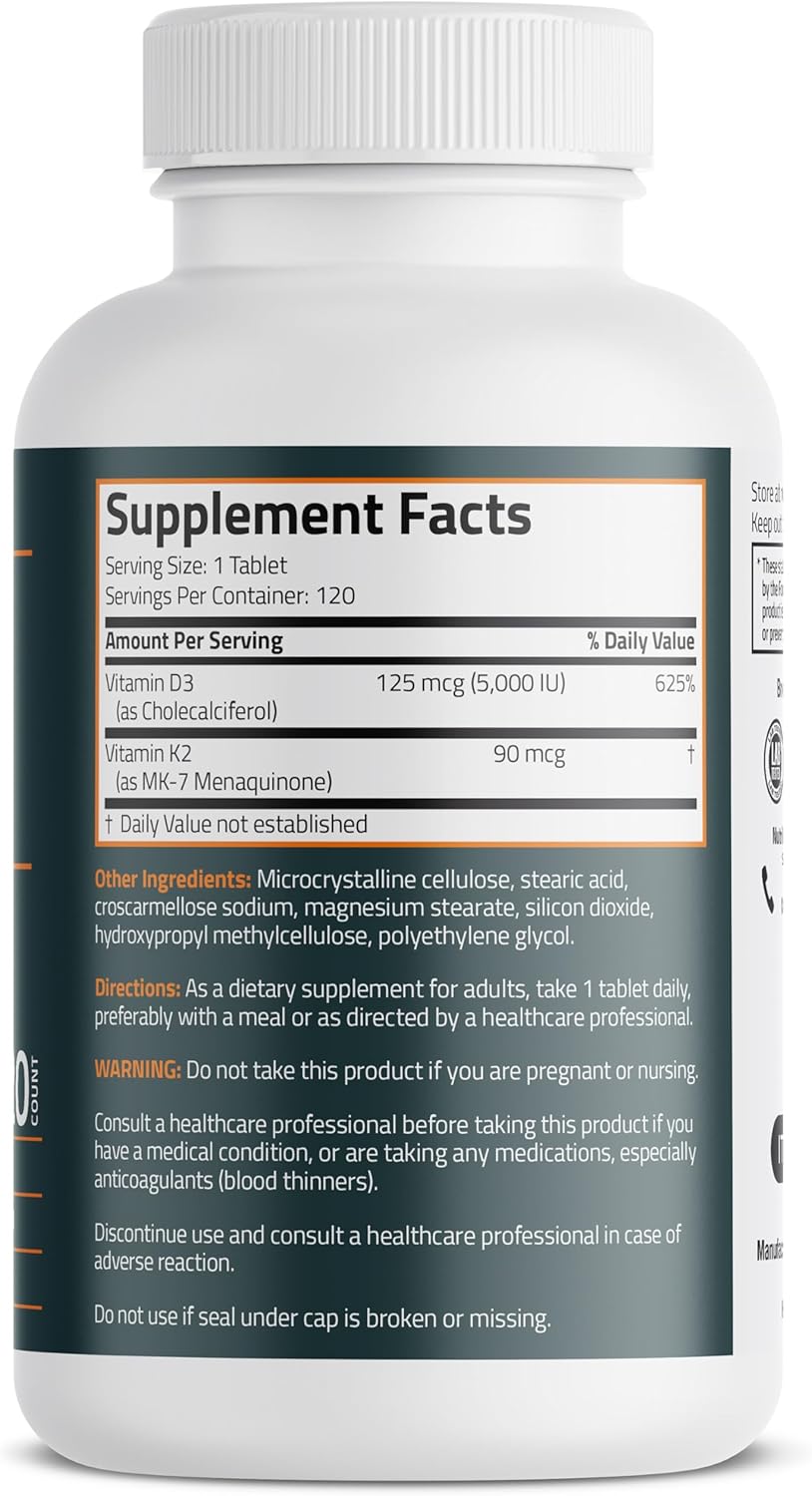 Bronson Vitamin K2 D3 (MK7) Supplement Non-GMO Formula Vitamin D3 5000 IU (125 mcg) & 90 mcg K2 MK-7, Easy to Swallow D & K Complex, 120 Tablets - görsel 2