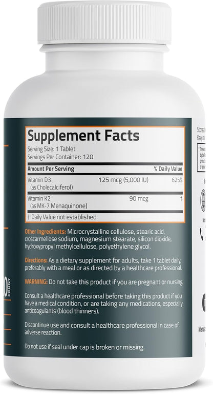 Bronson Vitamin K2 D3 (MK7) Supplement Non-GMO Formula Vitamin D3 5000 IU (125 mcg) & 90 mcg K2 MK-7, Easy to Swallow D & K Complex, 120 Tablets