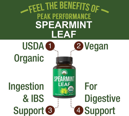 Peak Performance Organic Spearmint Capsules. Organic Vegan Spearmint Leaf Pills for Digestive Support and General Wellness. UK Tested Supplement for Women and Men.