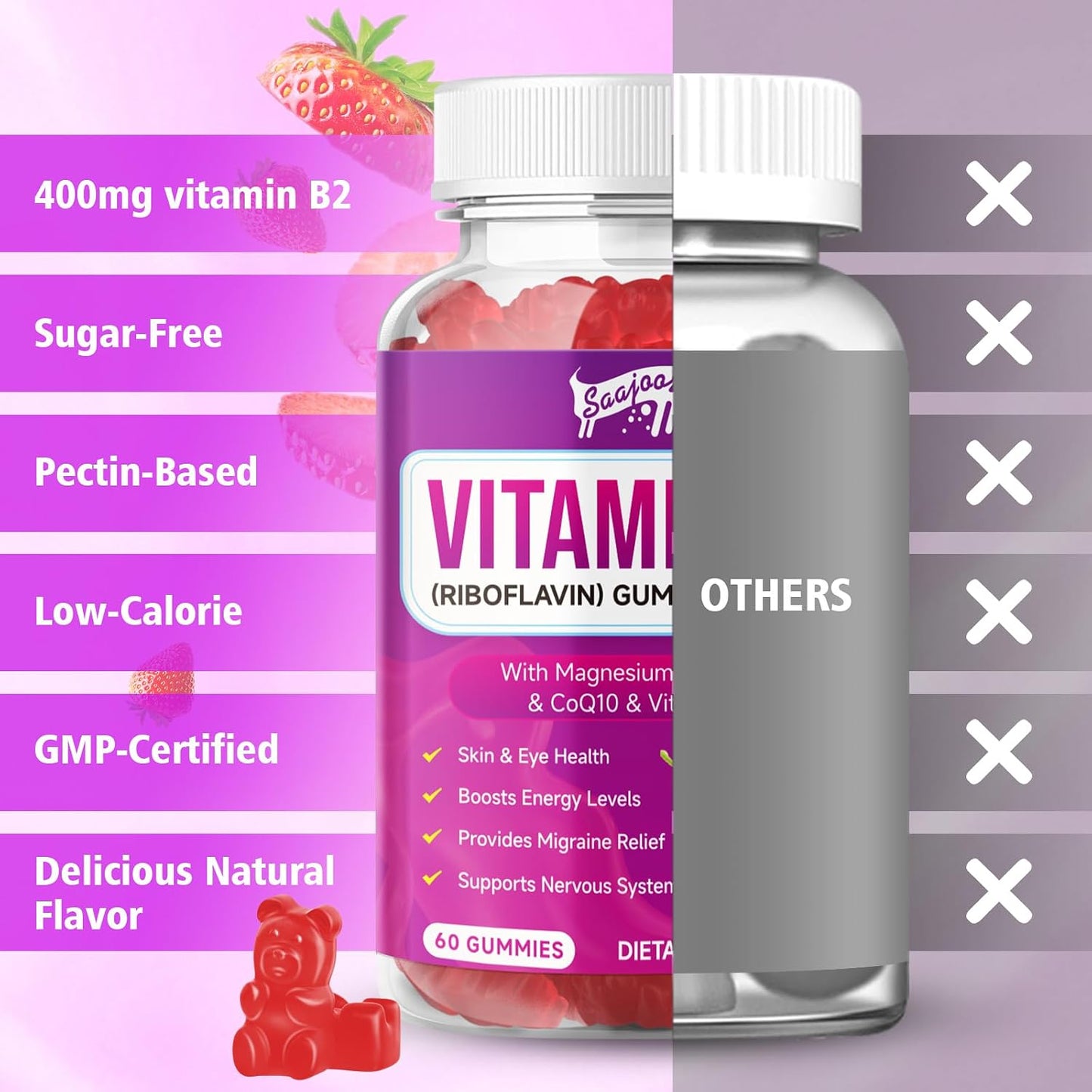 Vitamin B2 Gummies - Riboflavin 400mg with Magnesium & CoQ10 - Strawberry Flavour, 60 Gummies - görsel 6