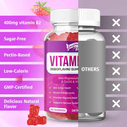 Vitamin B2 Gummies - Riboflavin 400mg with Magnesium & CoQ10 - Strawberry Flavour, 60 Gummies