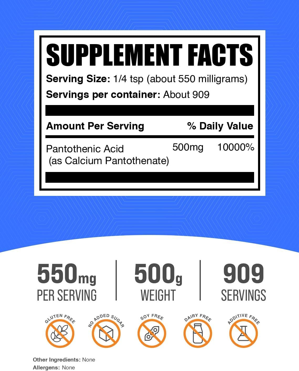 BulkSupplements Vitamin B5 Powder - Calcium Pantothenate, 500mg per Serving, 500g - görsel 2