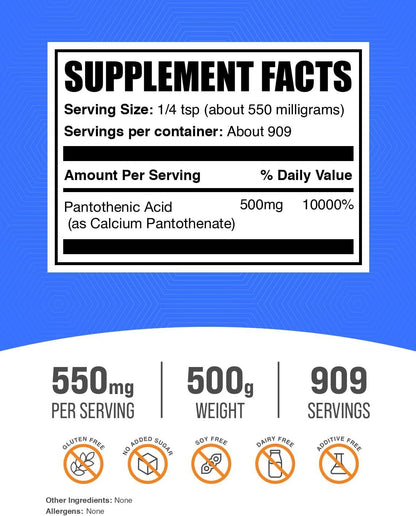 BulkSupplements Vitamin B5 Powder - Calcium Pantothenate, 500mg per Serving, 500g