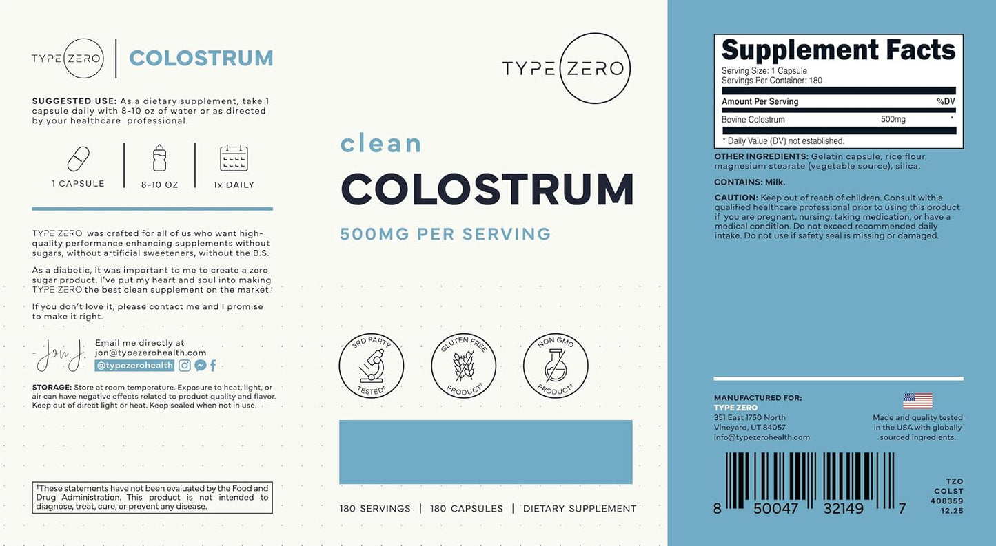 Type Zero Colostrum Supplement (500mg) 180 Capsules - Bovine Sourced, Non-GMO, Gluten-free - görsel 5