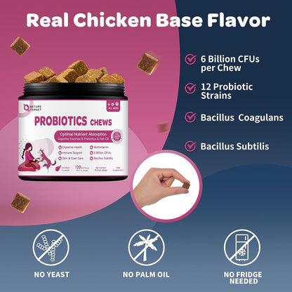 NATURE TARGET Probiotics for Dogs, 120 Soft Chews, Chicken Flavour | Plus Digestive Enzymes & Prebiotic for Digestive Health, Fish Oil & Vitamins Supplement for Allergies & Immune & Itchy Skin