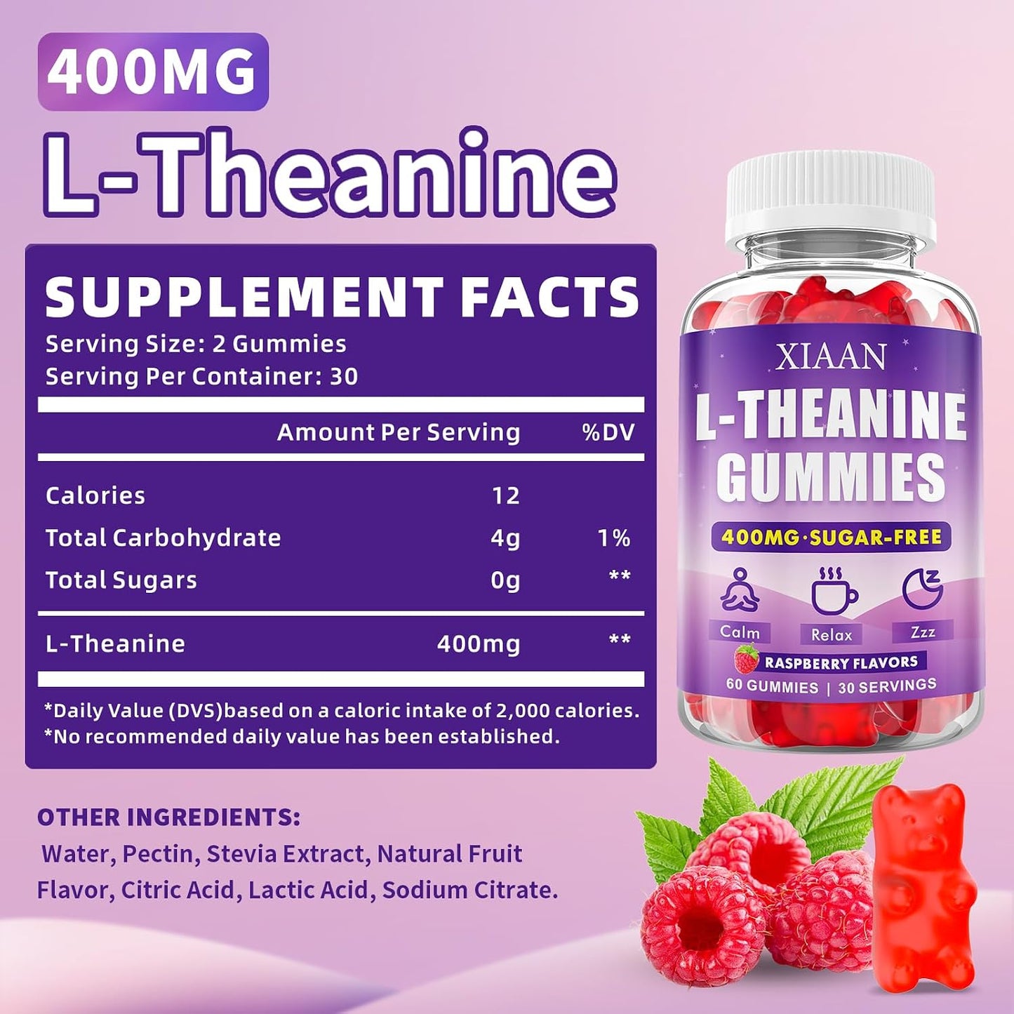 XIAAN L-Theanine Gummies for Kids & Adults, 400mg L-Theanine Supplement for Calm, Relaxation, and Sleep Support, Vegan, Organic, Raspberry Flavour, 60 Counts - görsel 2