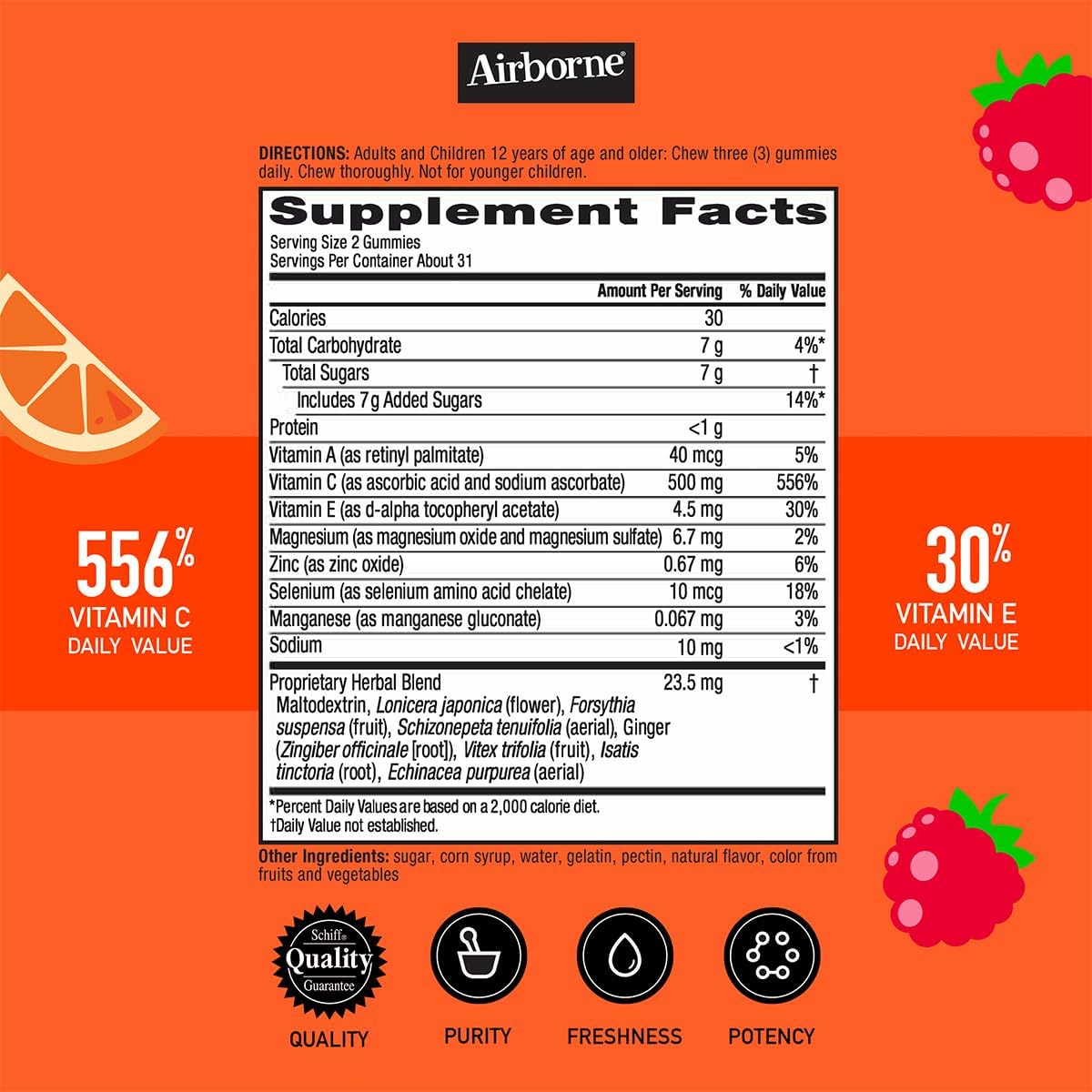 Airborne 500mg Vitamin C + Zinc Immune Support Supplement Gummies for Children, Assorted Fruit Flavour, Gluten-free Crafted Blend with Powerful Antioxidants Vitamins C & E, 63 Gummies (2 Pack) - görsel 6