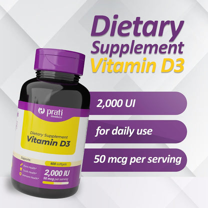 Prati Donaduzzi Vitamin D3 2,000 IU (50 mcg) Soft gel capsules 600 Day Supply