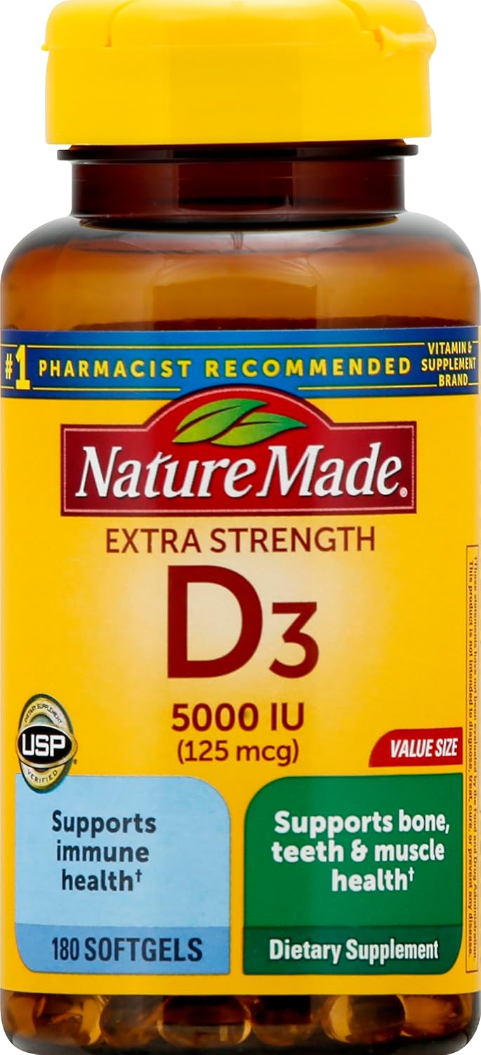 Extra Strength Vitamin D3 5000 IU (125 mcg), 180 Softgels Value Size, High Potency Vitamin D Helps Support Immune Health, Strong Bones and Teeth, & Muscle Function - görsel 1