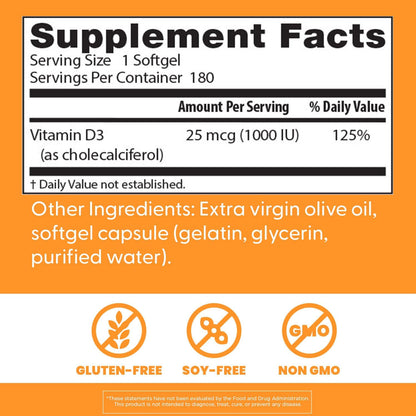 Doctor's Best Vitamin D3 1000 IU Softgel Capsules - Immune and Bone Health Support - 180 Capsules