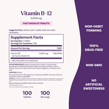 Natrol Vitamin B12 5000 mcg Fast Dissolve B12 Supplement, 100 Tablets