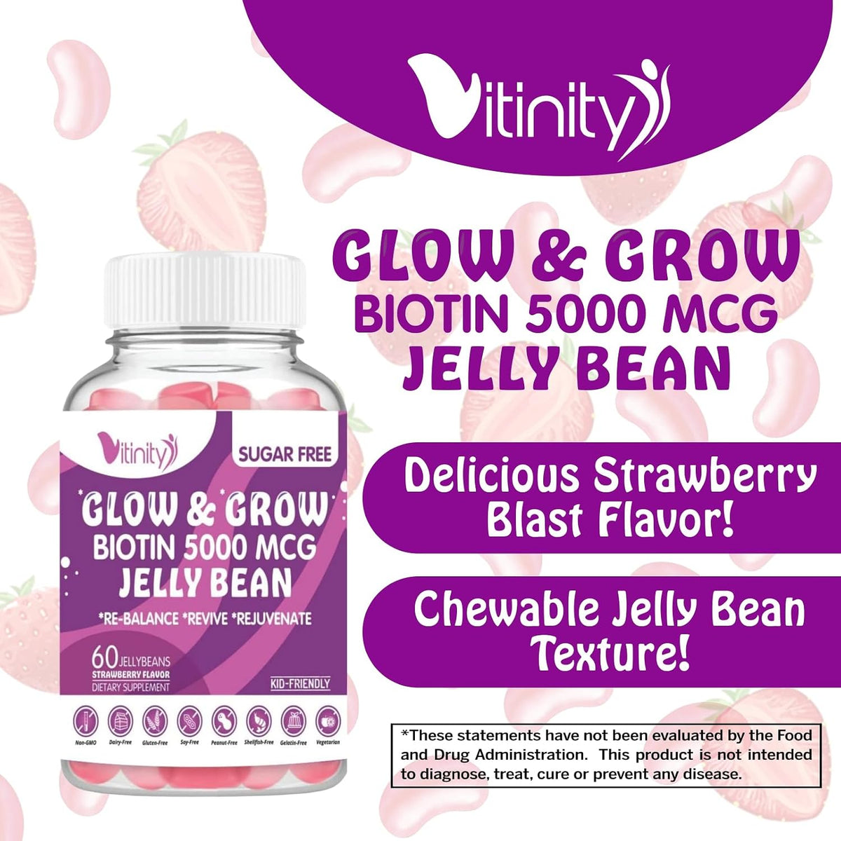VITINITY Biotin 5000mcg Extra Strength Vegetarian Sugar-Free Supplement – Supports Healthier Hair & Skin – 60 Veggie Jelly Beans (30-Day Supply) - görsel 7