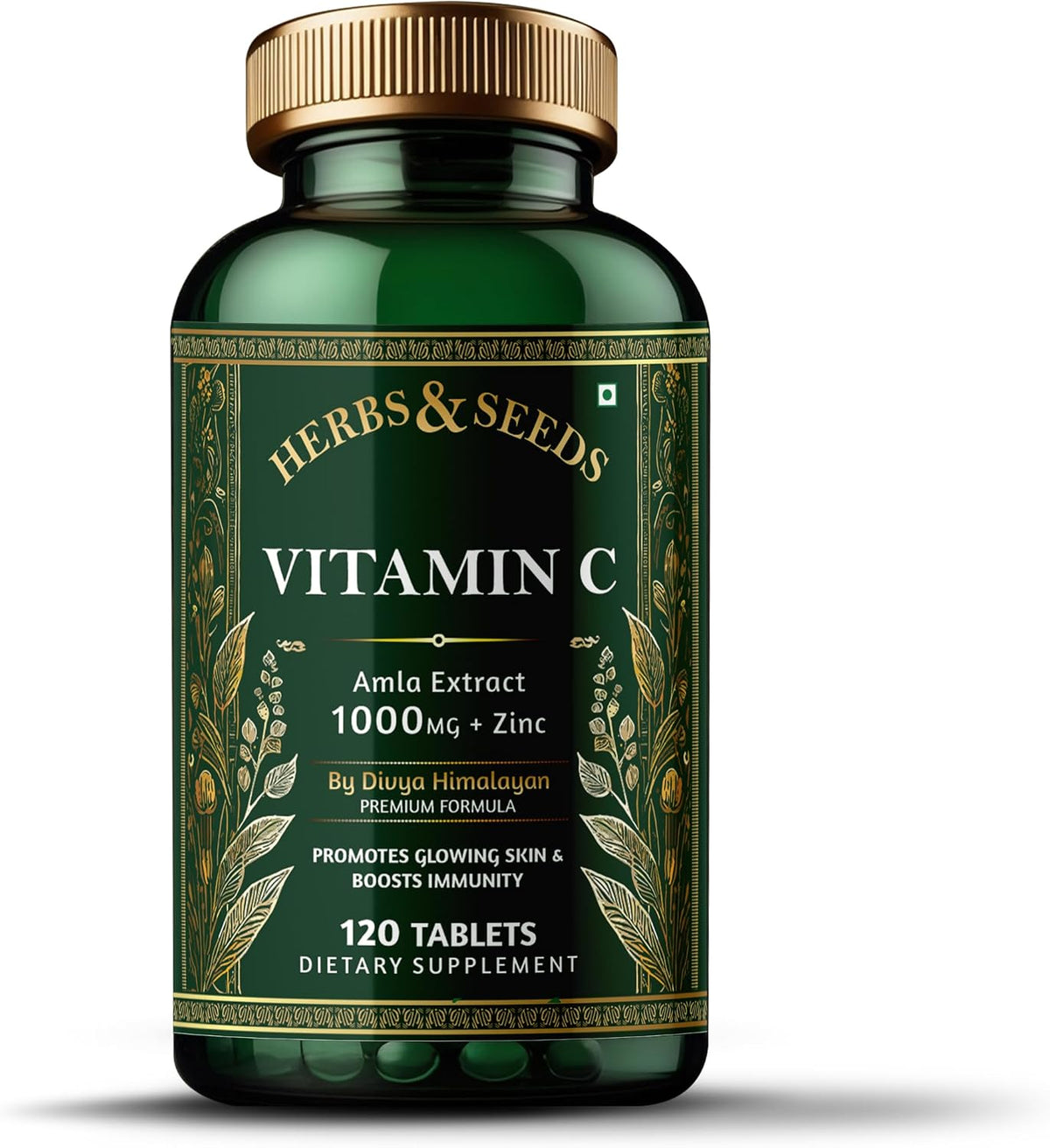 HERBS & SEEDS Vitamin C Supplement with Zinc – 1000 mg Plant-Based Tablets for Immune & Skin Support – Amla, Spirulina, Wheatgrass – 120 Count - görsel 1