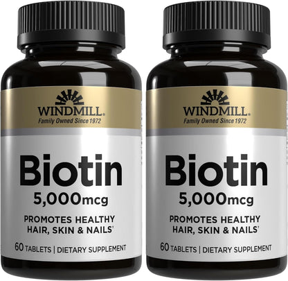 Windmill Natural Vitamins Biotin 5000 mcg, Supports Healthy Hair, Skin and Nails, 60 Tablets