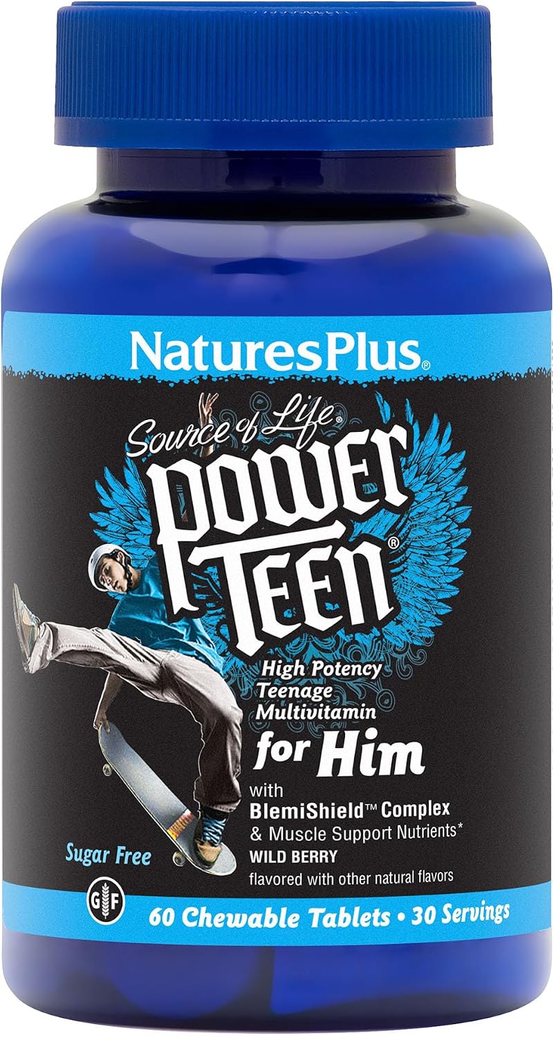 NaturesPlus Power Teen for Him - 60 Chewable Tablets, Wild Berry - High-Potency Teenage Multivitamin - Sugar Free, Vegetarian, Gluten Free - 30 Servings - görsel 1