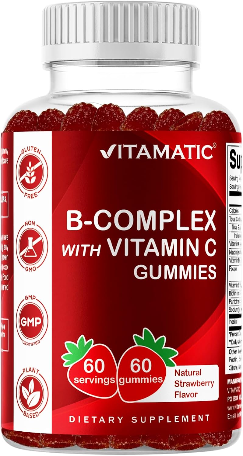 Vitamatic Vitamin B Complex Gummies with Vitamin C & Inositol - Natural Strawberry Flavour - 60 Gummies - görsel 1