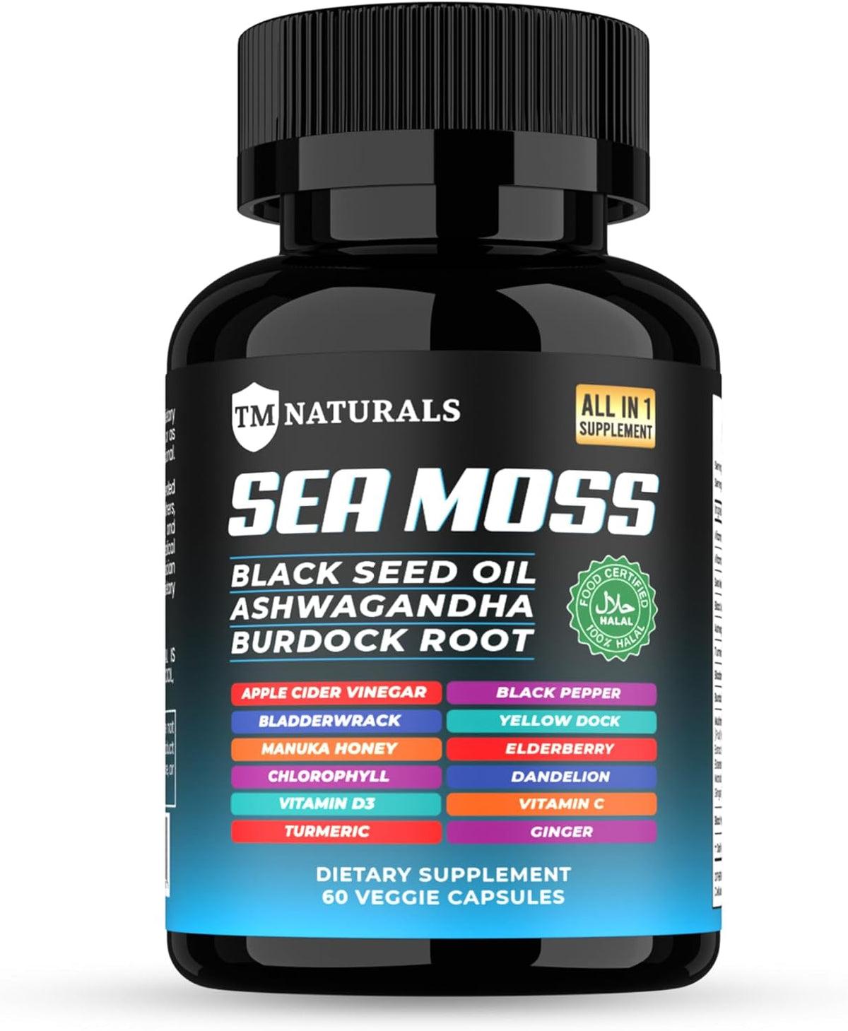 Sea Moss with Black Seed Oil, Vitamin C, Ashwagandha and Turmeric for Immune Support & Energy – 60 Vegan Capsules + Free Pill Box - görsel 1