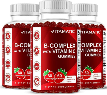 Vitamatic Vitamin B Complex Gummies with Vitamin C & Inositol - Natural Strawberry Flavour - 60 Gummies (2 Bottles)
