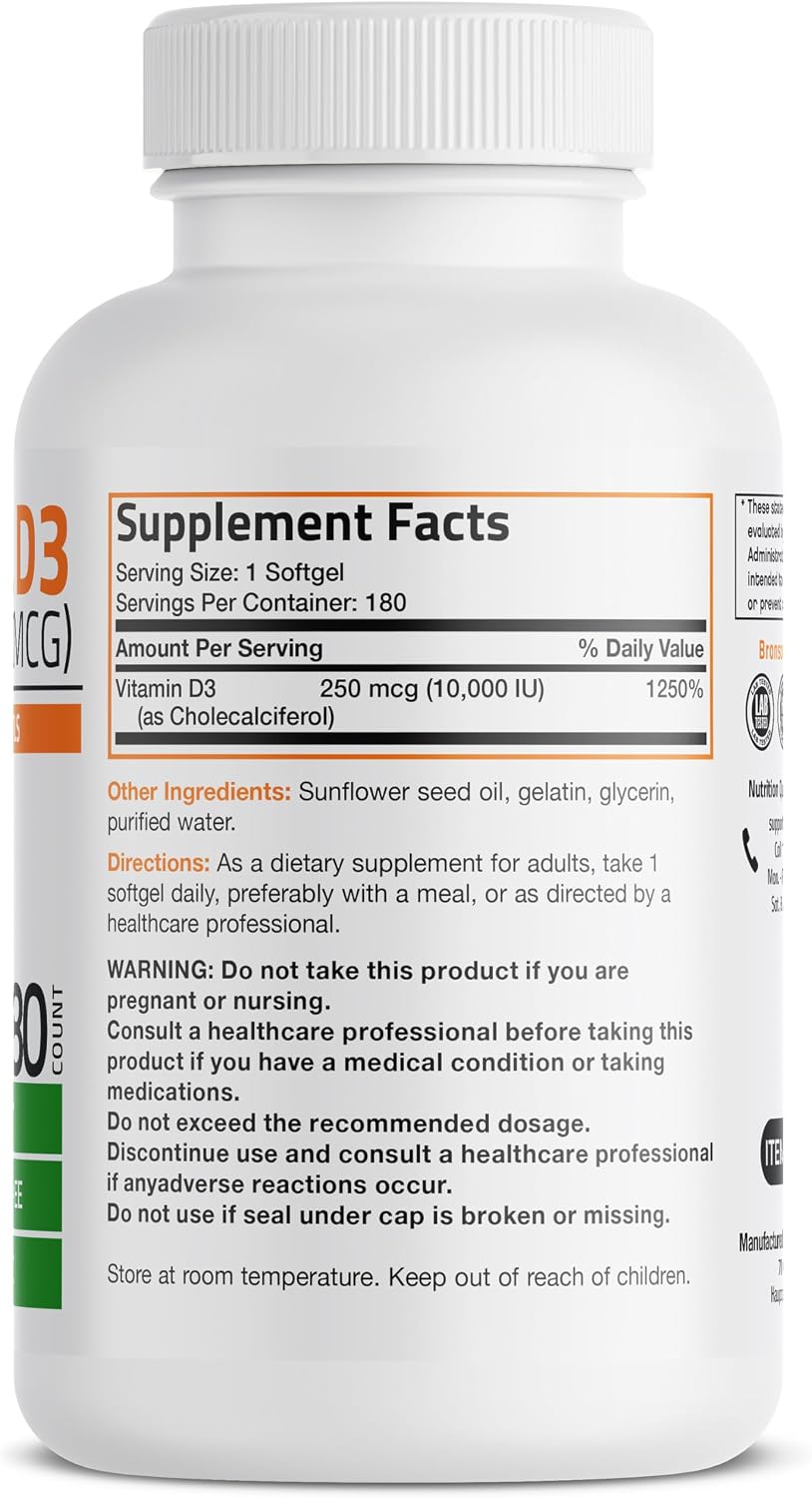 Bronson Vitamin D3 10,000 IU (250 mcg) High Potency - Supports Normal Immune System, Strong Bones, Muscles & Teeth - Non GMO, 180 Softgels - görsel 2