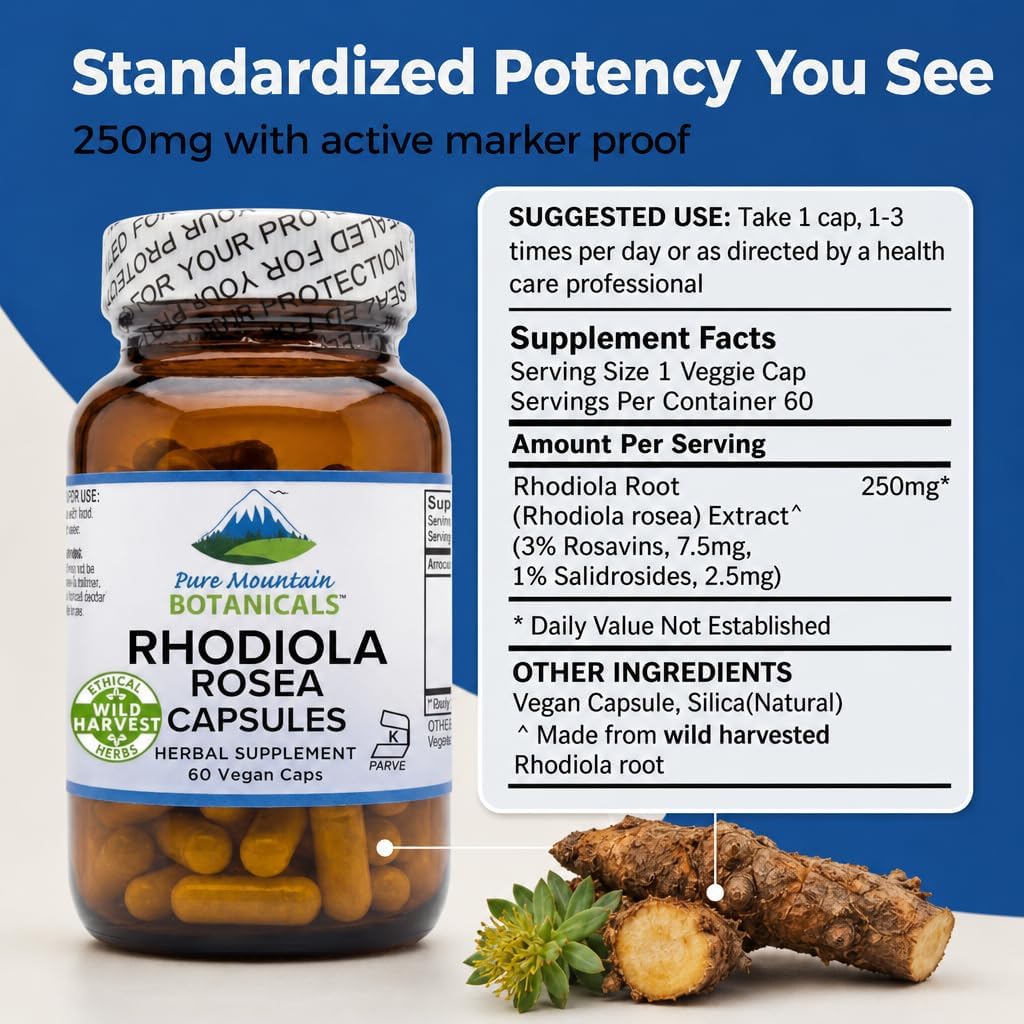 Pure Mountain Botanicals Rhodiola Rosea Supplement - 60 Capsules, 250mg - Standardised 3% Rosavins & 1% Salidroside - Vegan, – Image 3