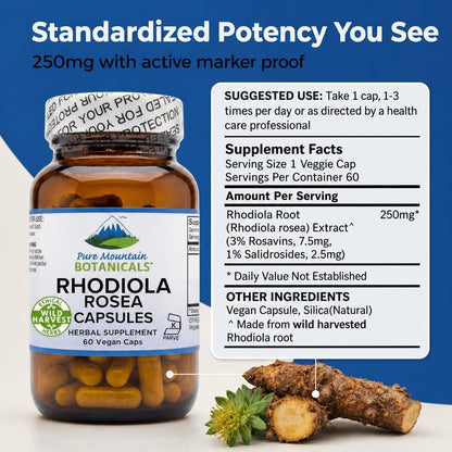 Pure Mountain Botanicals Rhodiola Rosea Supplement - 60 Capsules, 250mg - Standardised 3% Rosavins & 1% Salidroside - Vegan, – Image 3